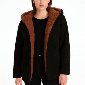 Urban Outfitters cozy teddy fleece hooded jacket two tone open front XS/S